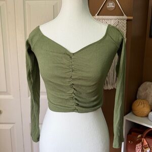 Windsor Olive Green Ruched Ribbed Long Sleeve Top / Size M